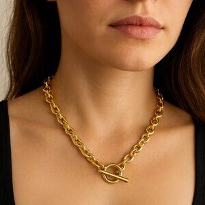 OT Buckle Cable Chain Choker Necklace Gold Tone Titanium Steel 15" New